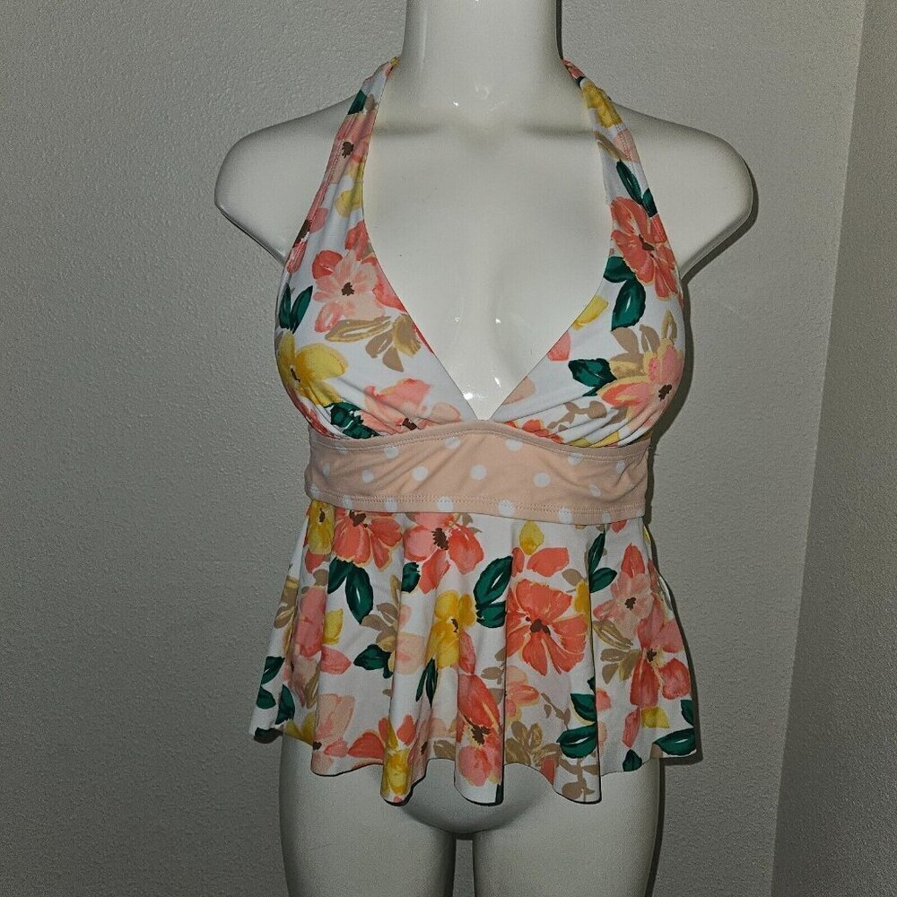 NEW Time & Tru Halter Tankini Swim Top Small 4-6 Peach Yellow Green Floral Bra
